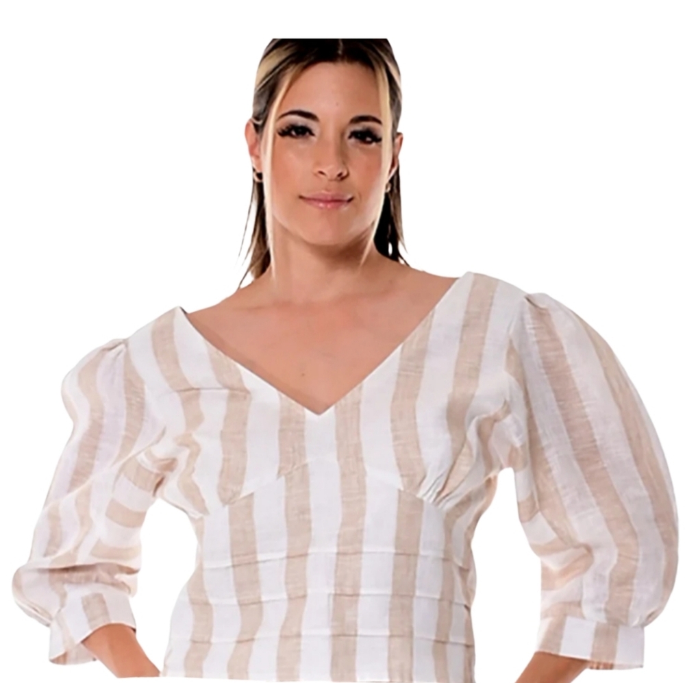 Azucar 100% linem Striped V-Neck Women's Top Size Large Cream White